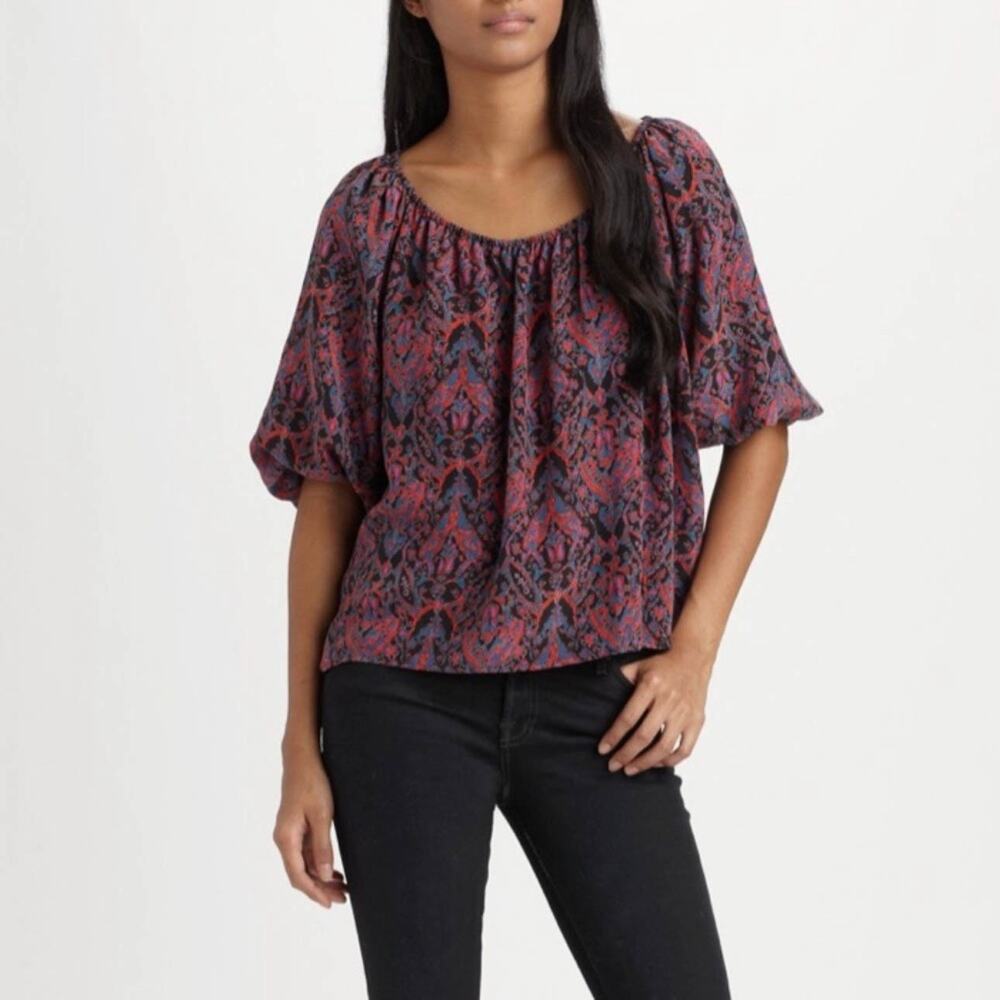 JOIE 100% Silk Newbury Peasant top off the shoulder paisley high low hem 3251